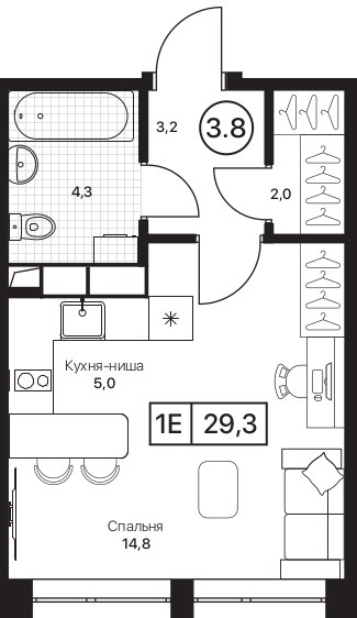 Планировка: Студия, 29.3 м²
