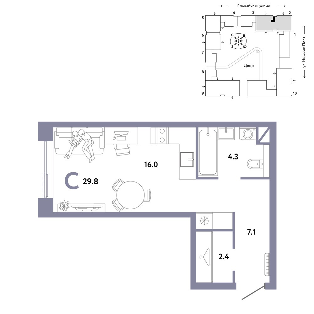 Планировка: 1-комнатная, 29.8 м²