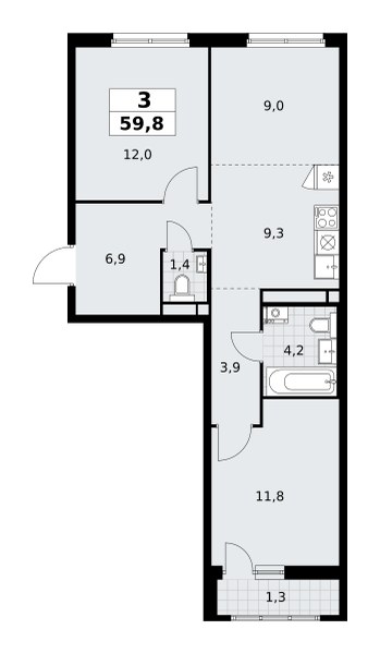 Планировка: 3-комнатная, 59.8 м²