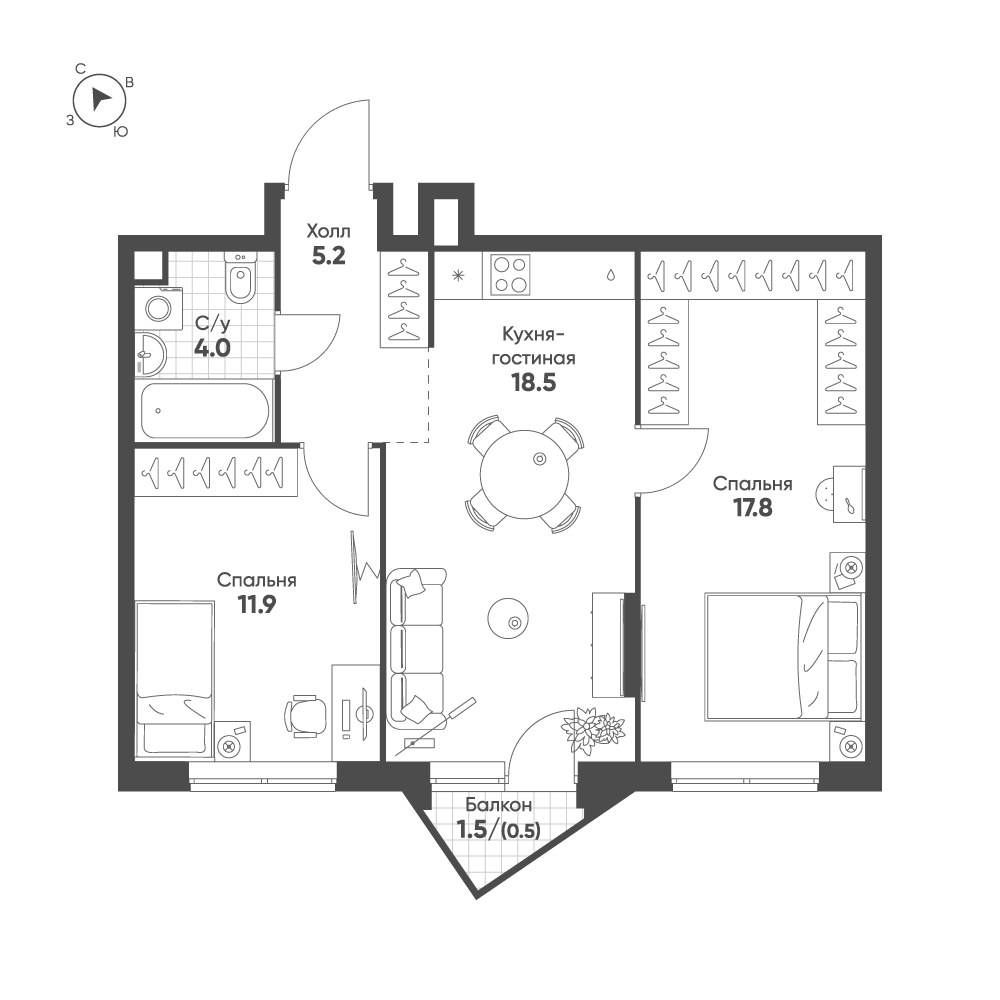 Планировка 57.9 м²