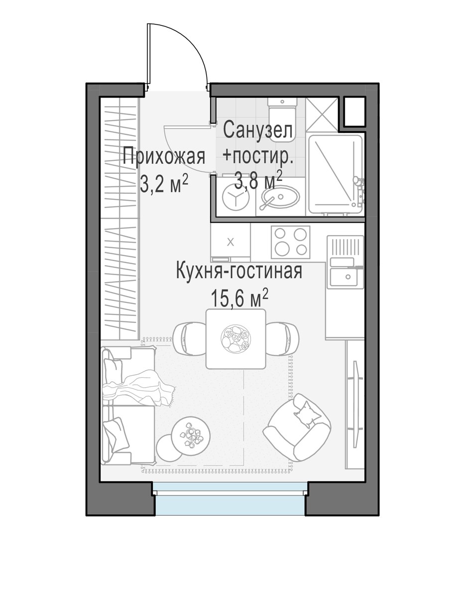 Планировка: 1-комнатная, 22.5 м²