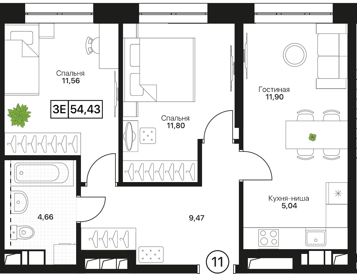 Планировка 54.43 м²