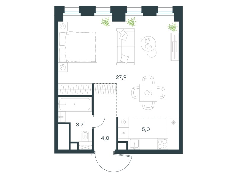 Планировка: 1-комнатная, 40.6 м²