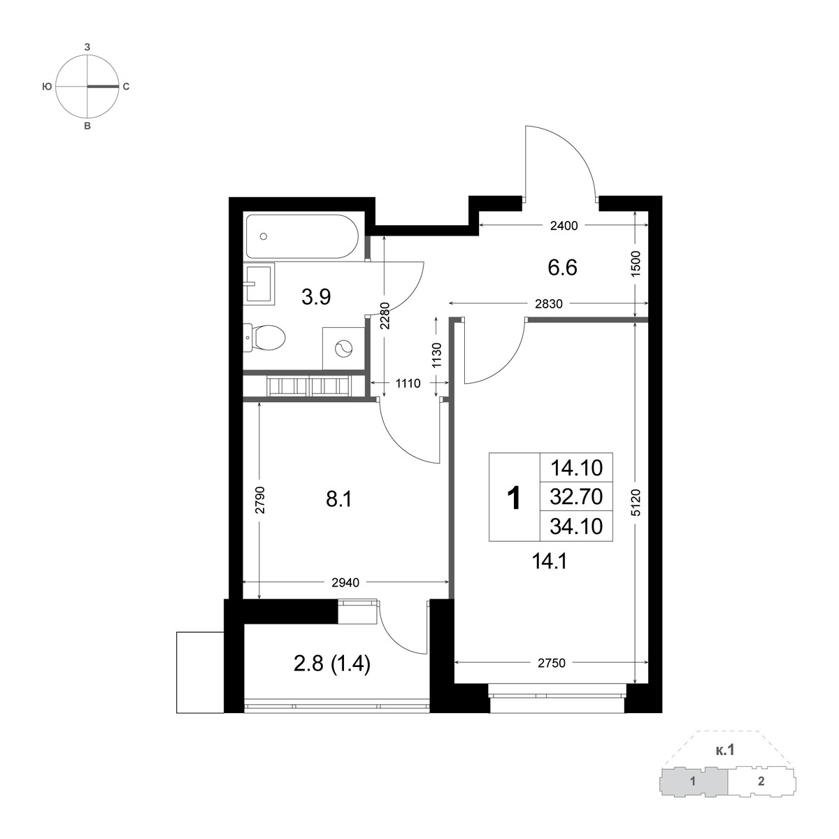 Планировка 34.3 м²