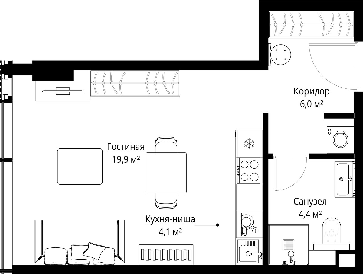 Планировка: Студия, 34.4 м²
