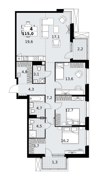 Планировка: 4-комнатная, 115.0 м²