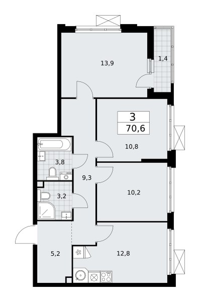 Планировка: 3-комнатная, 70.6 м²