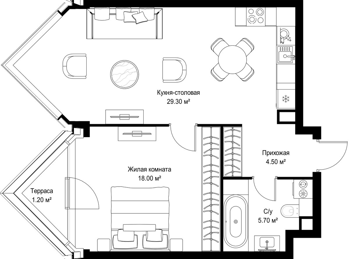 Планировка: 1-комнатная, 58.7 м²