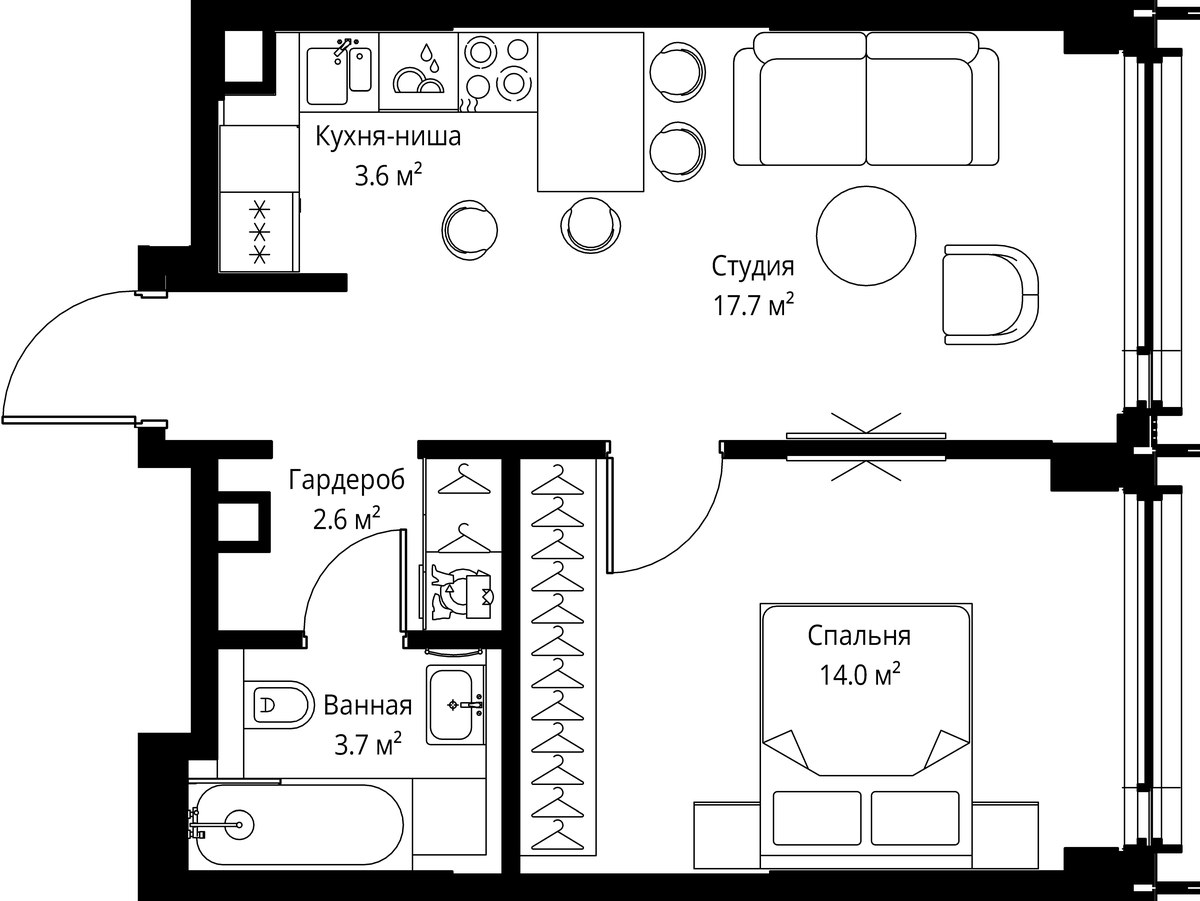Планировка: 1-комнатная, 41.6 м²