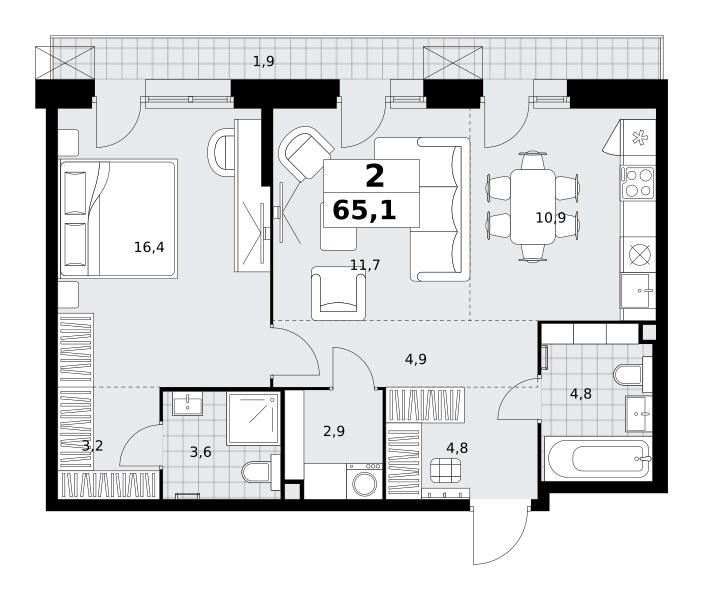 Планировка: 2-комнатная, 65.1 м²