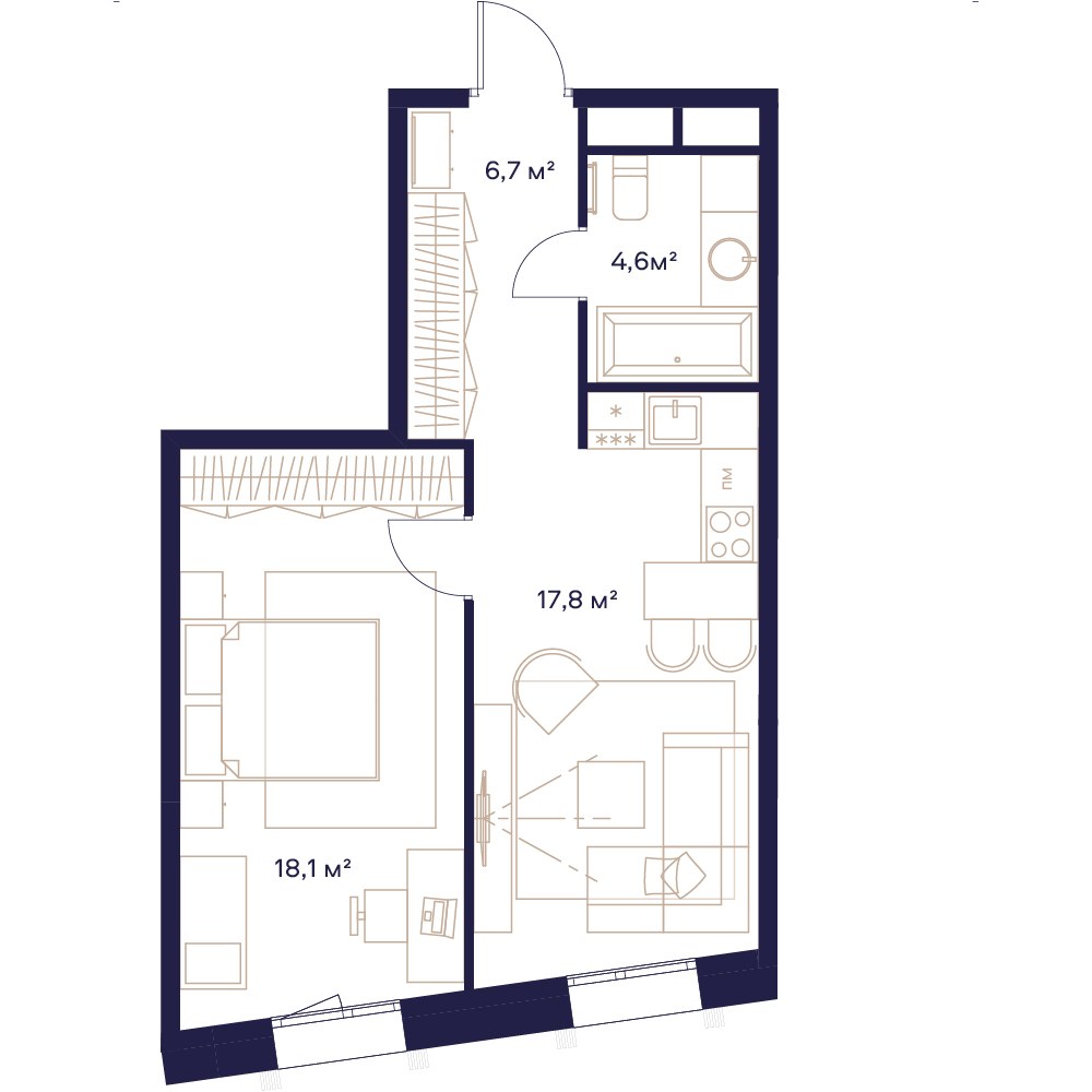 Планировка: 1-комнатная, 47.2 м²
