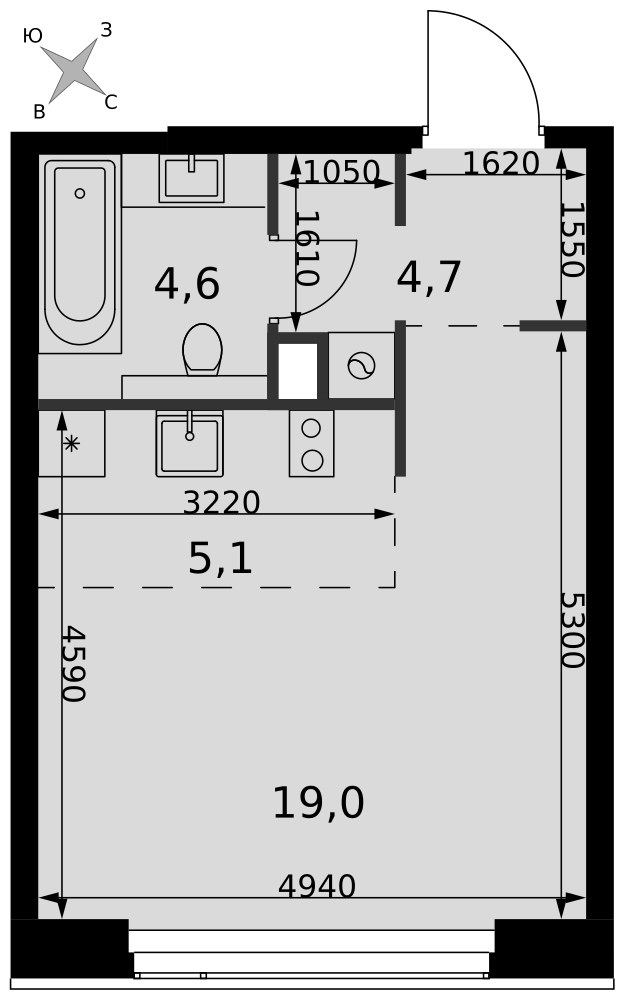 Планировка: Студия, 33.4 м²