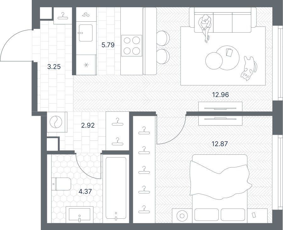 Планировка: 1-комнатная, 42.16 м²