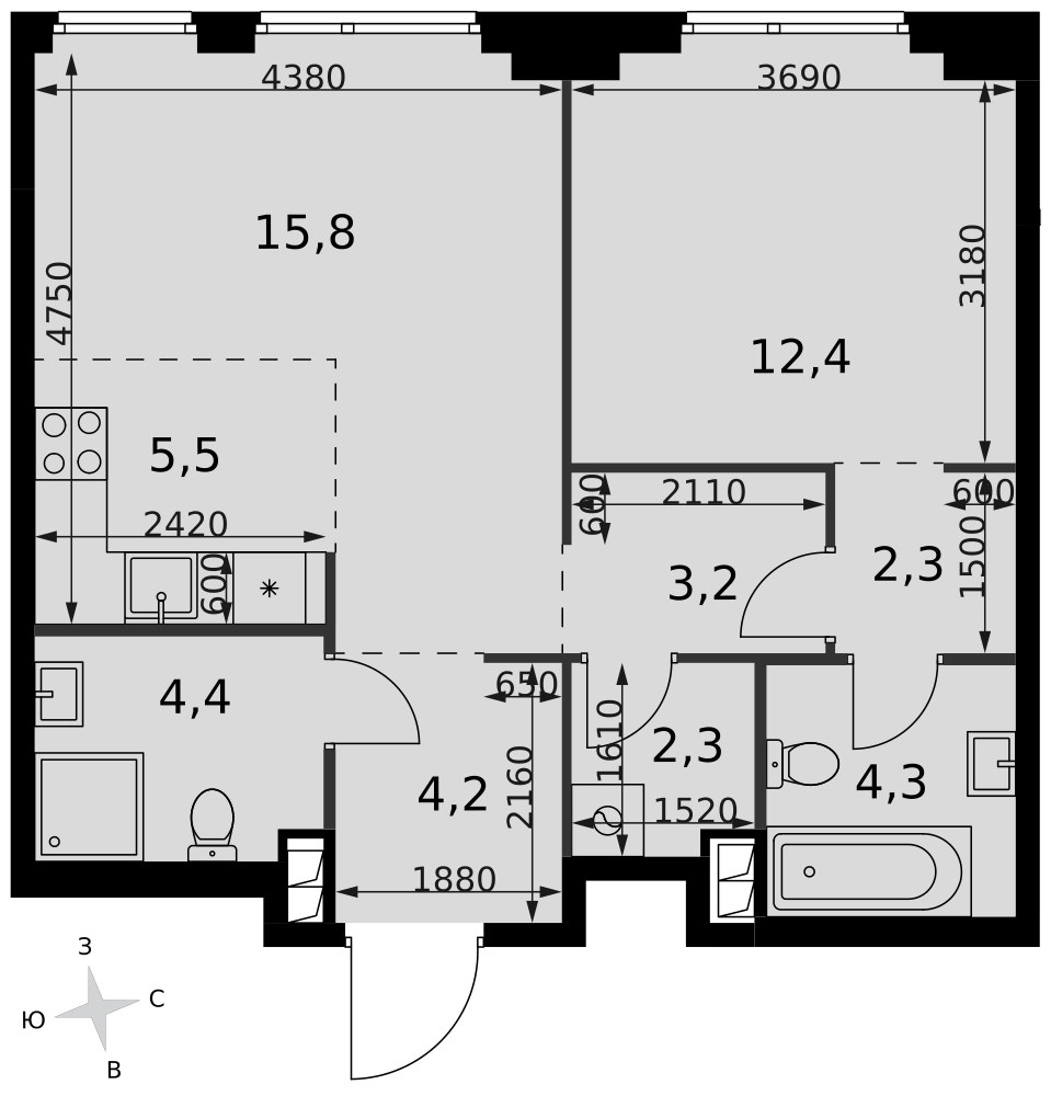 Планировка 54.4 м²