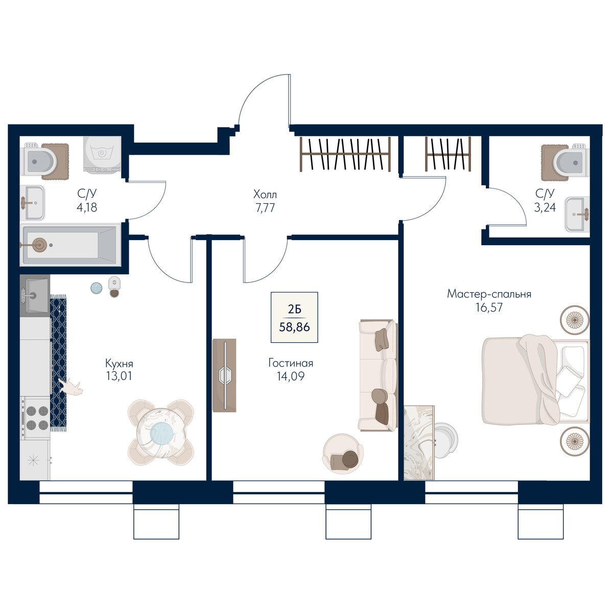 Планировка 58.86 м²