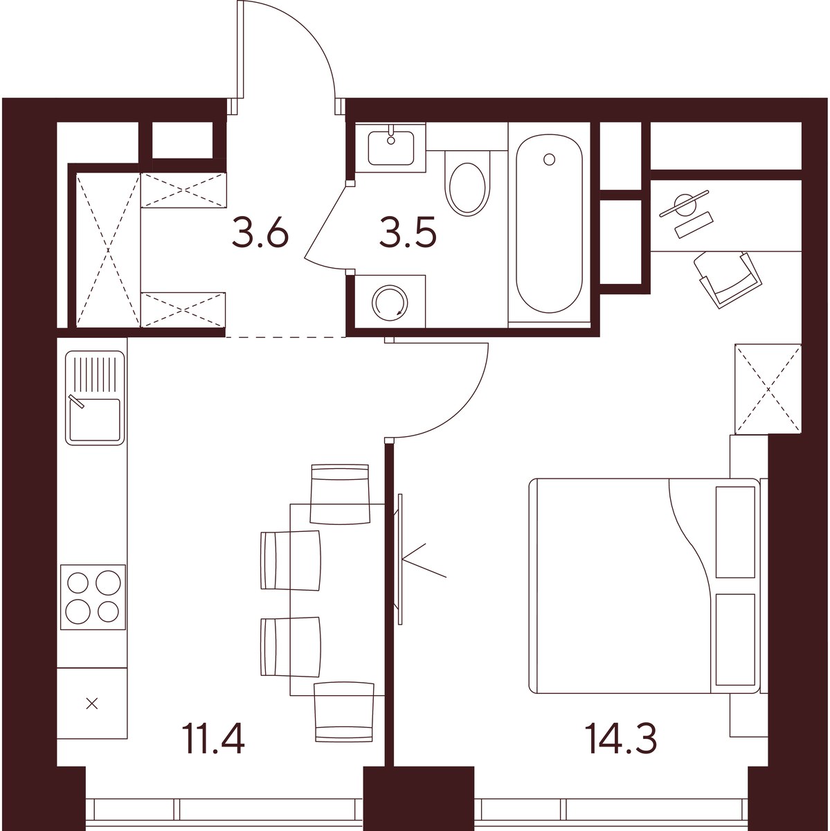 Планировка: 1-комнатная, 32.8 м²