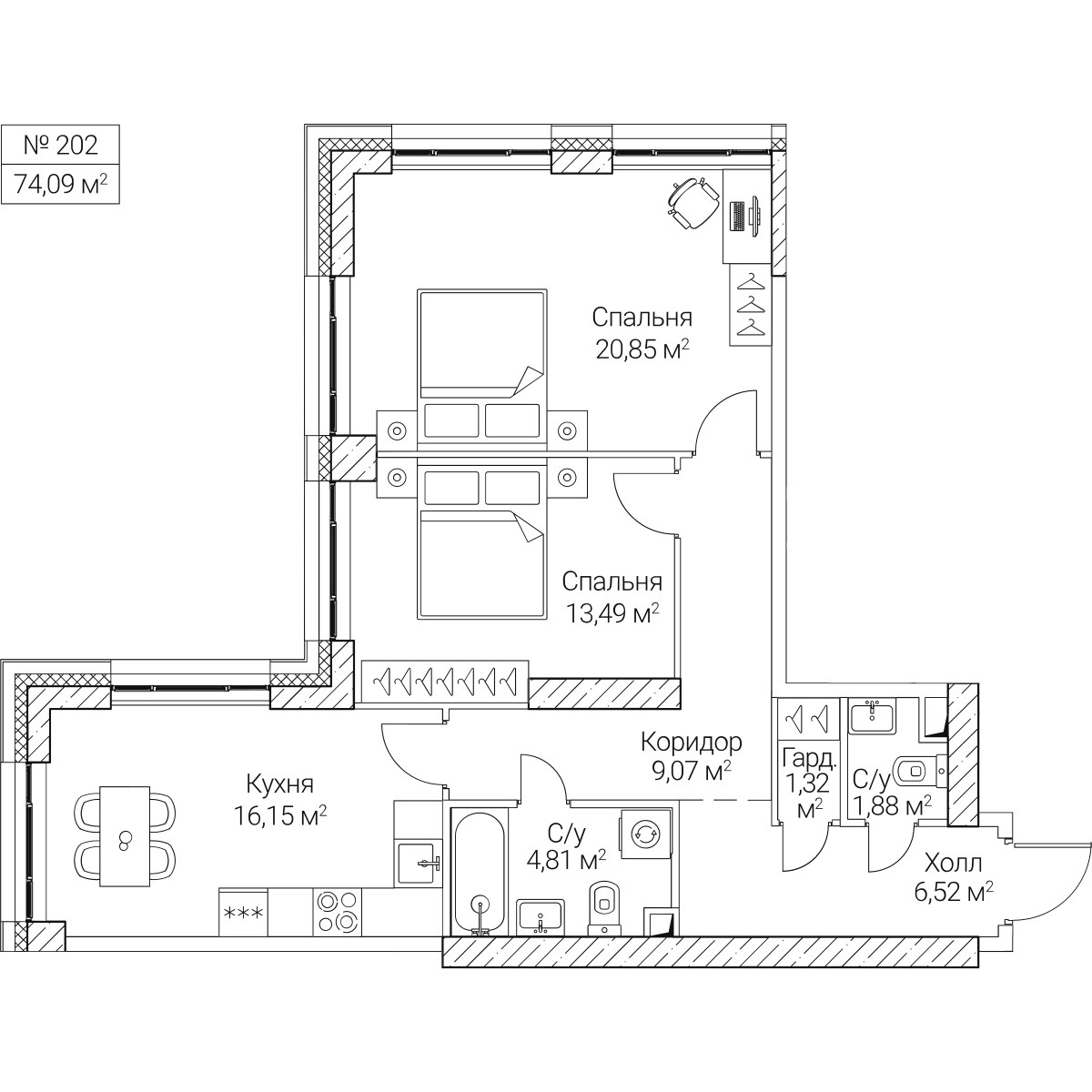 Планировка 74.09 м²