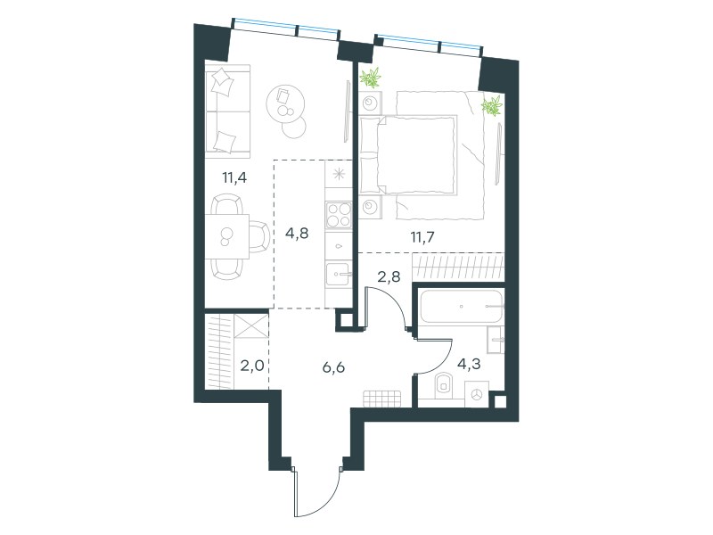 Планировка 43.6 м²