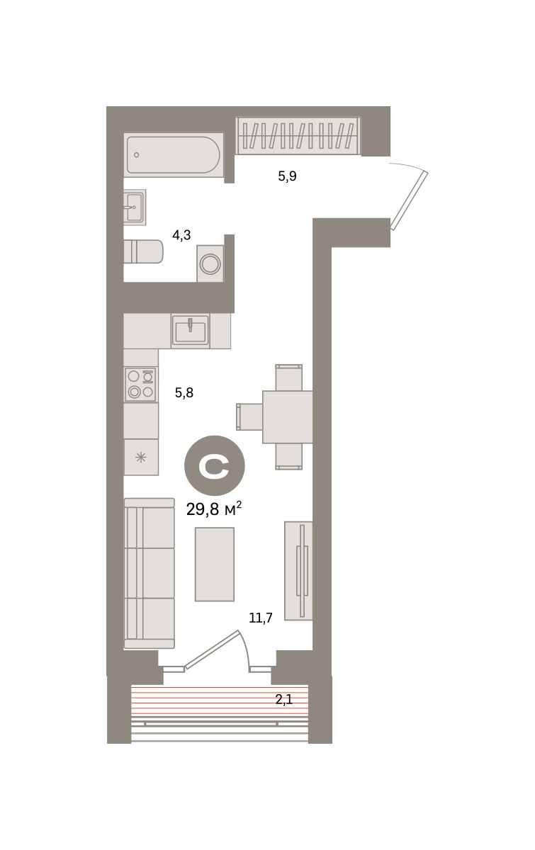 Планировка: Студия, 29.8 м²
