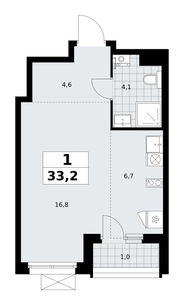 Планировка: 1-комнатная, 33.2 м²