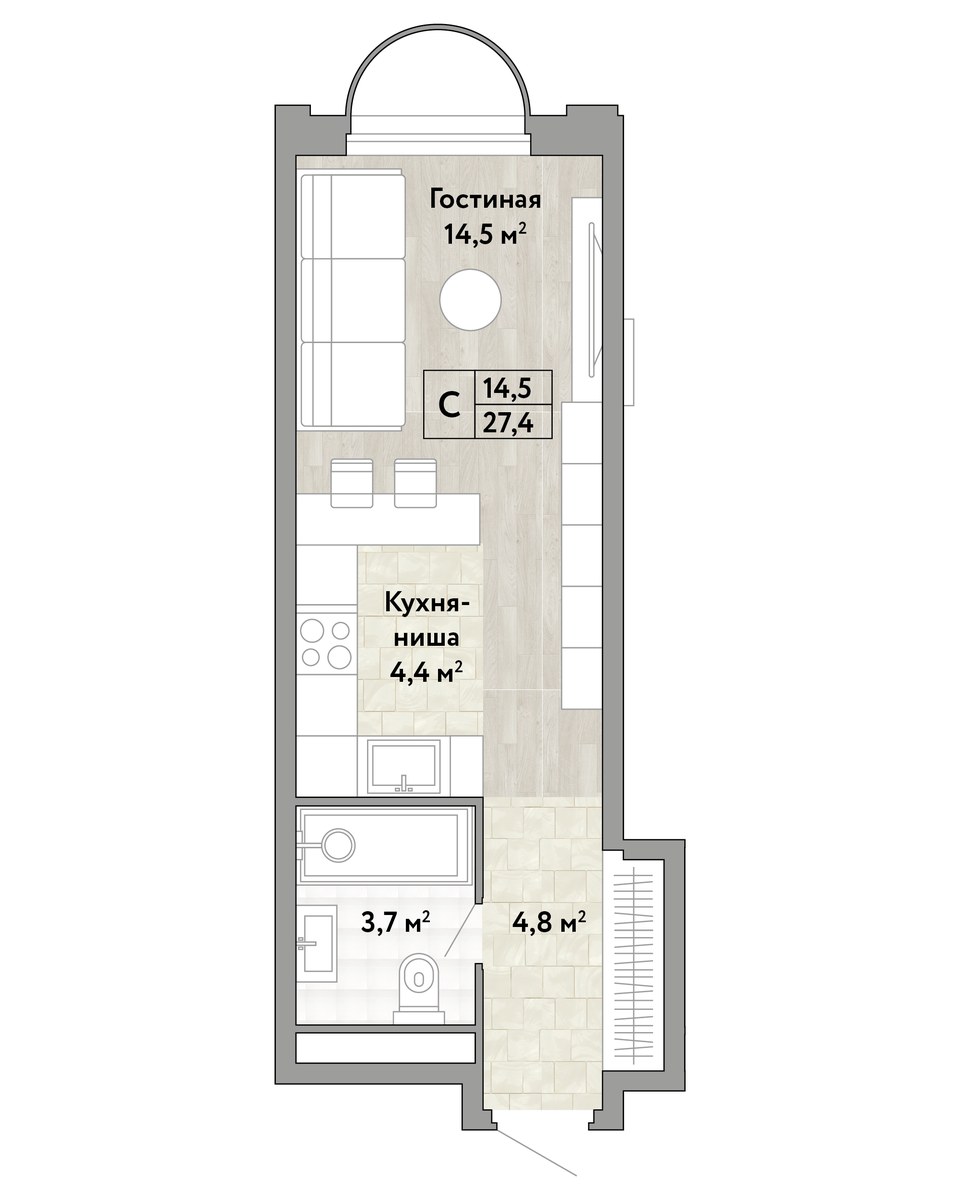 Планировка: Студия, 27.4 м²