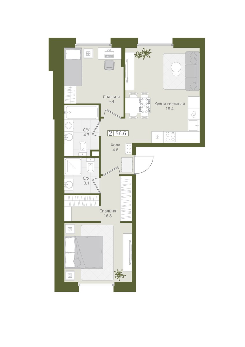 Планировка 56.6 м²