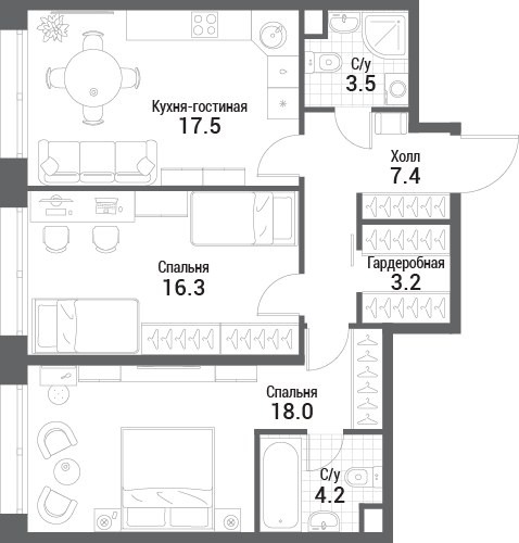 Планировка 70.1 м²