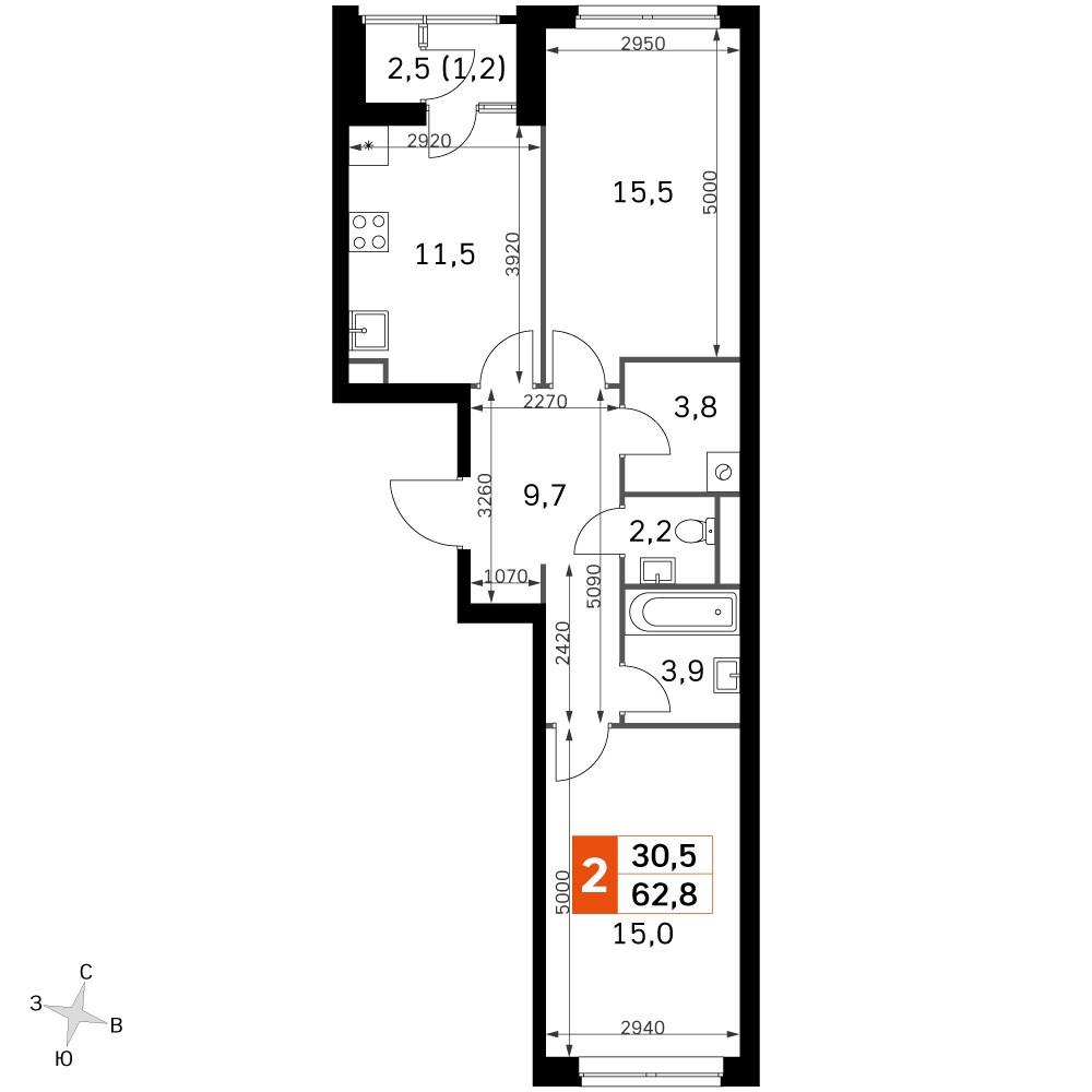 Планировка 60.7 м²