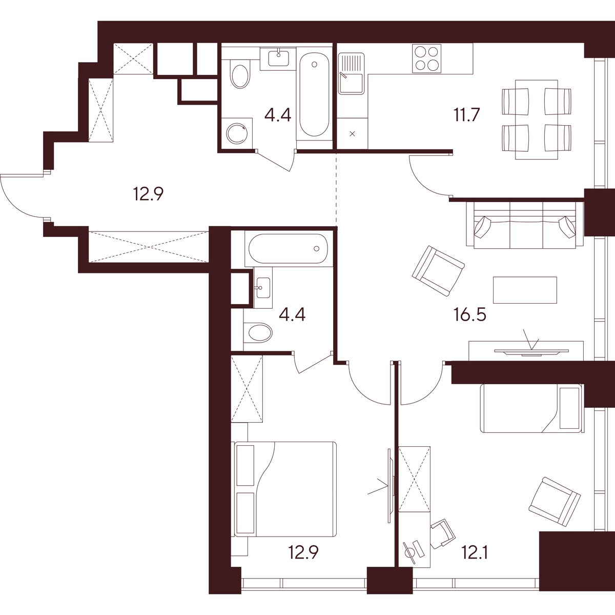 Планировка 74.9 м²
