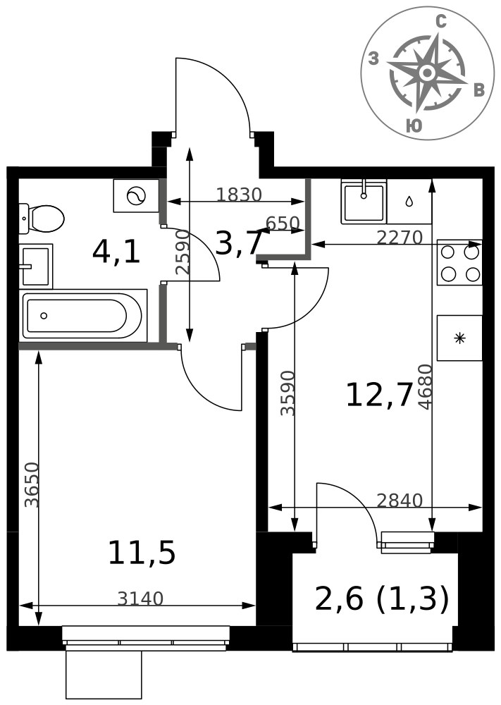 Планировка 33.3 м²