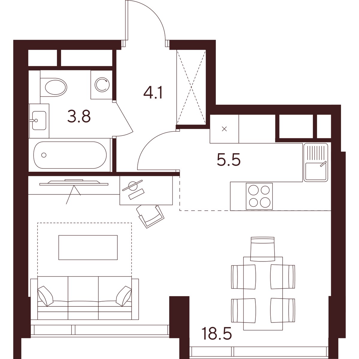 Планировка: 1-комнатная, 31.9 м²
