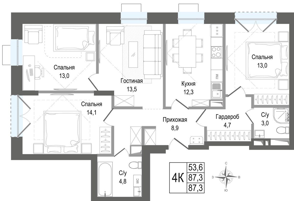 Планировка 87.3 м²