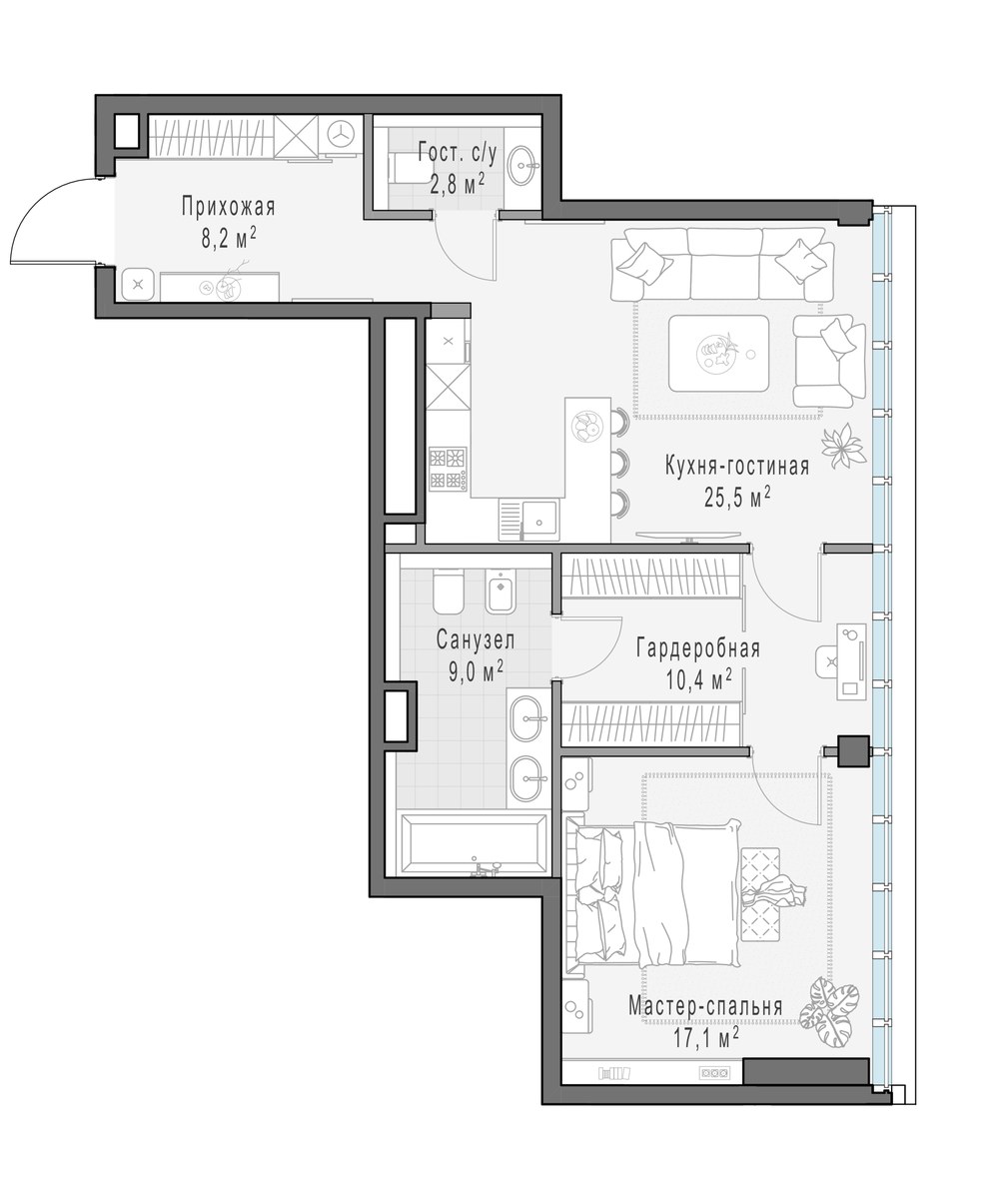 Планировка: 1-комнатная, 73.3 м²