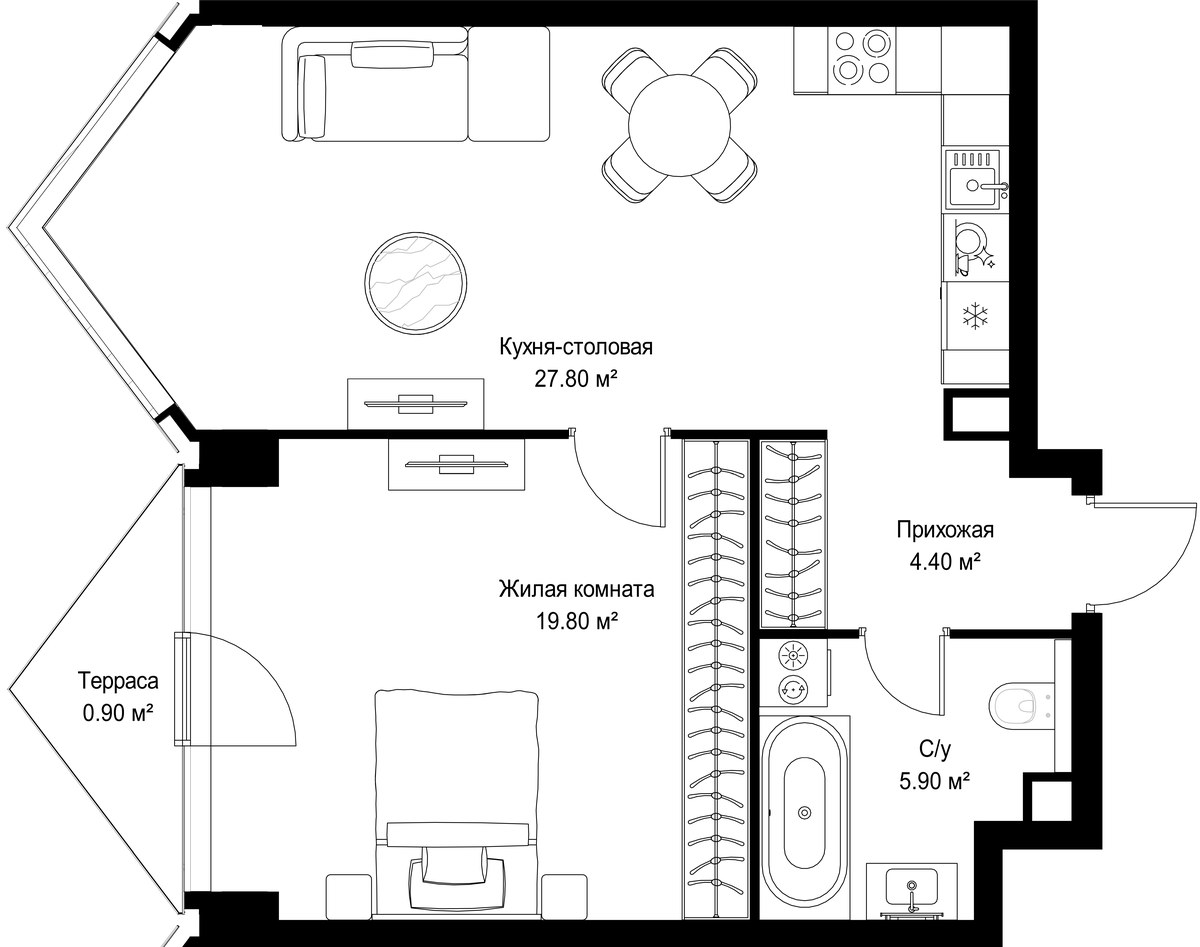 Планировка: 1-комнатная, 58.8 м²