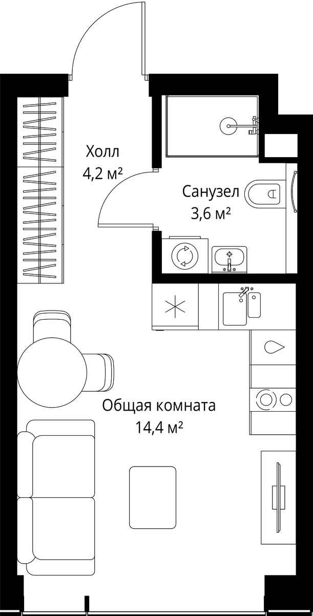 Планировка: 1-комнатная, 22.2 м²