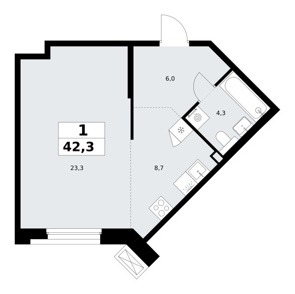 Планировка: Студия, 42.3 м²