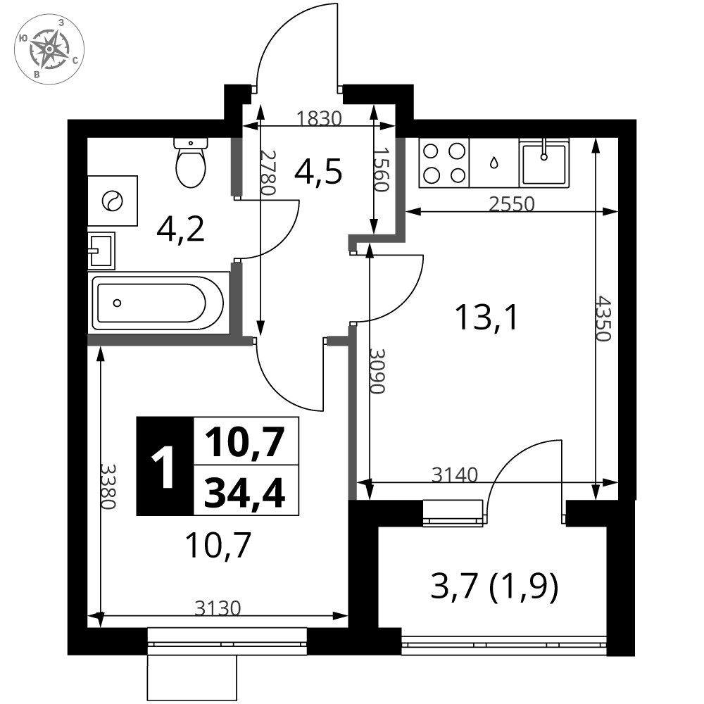 Планировка 34.4 м²