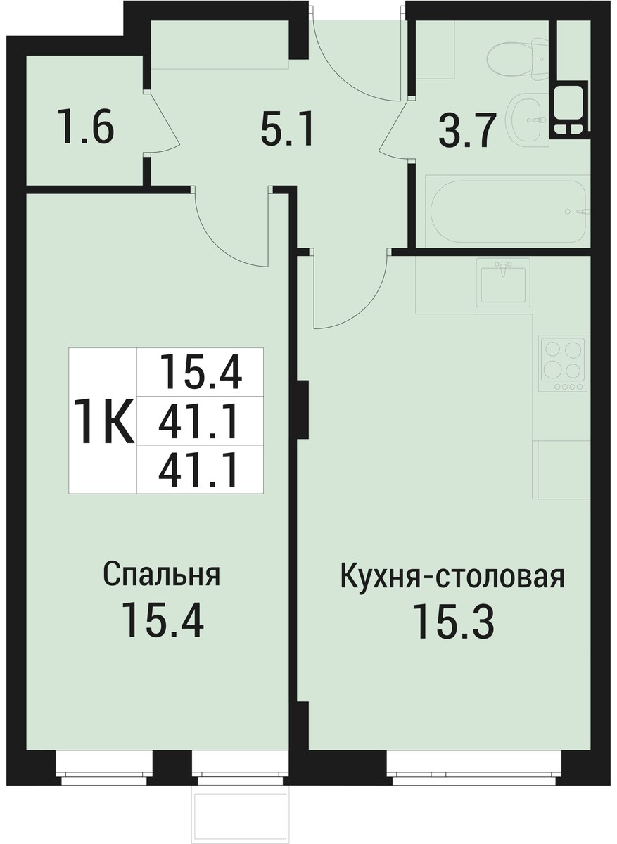 Планировка: 1-комнатная, 41.1 м²