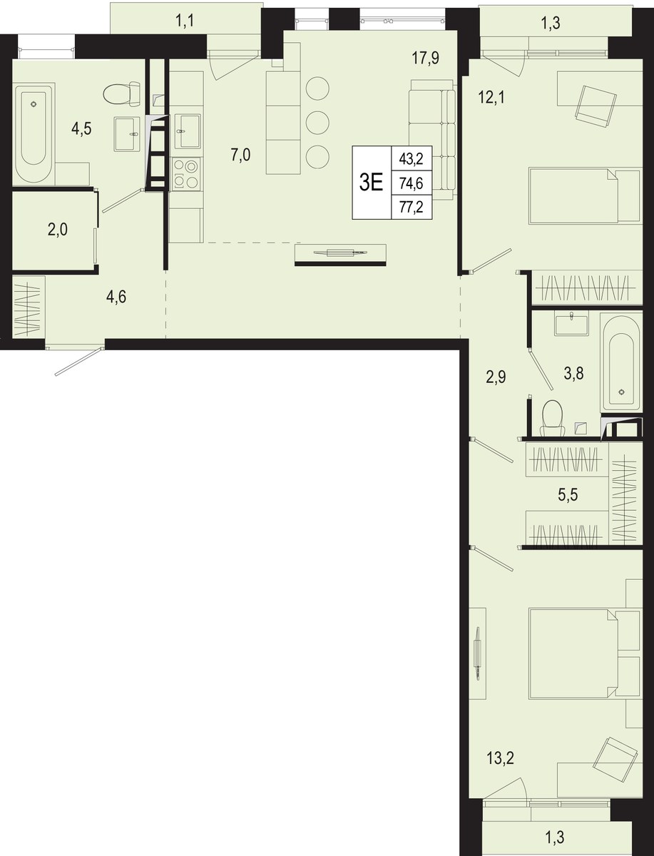 Планировка 74.6 м²