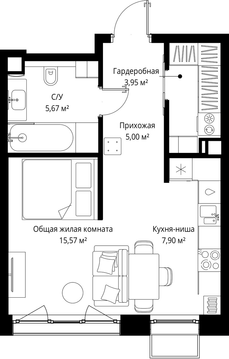 Планировка: 1-комнатная, 38.09 м²