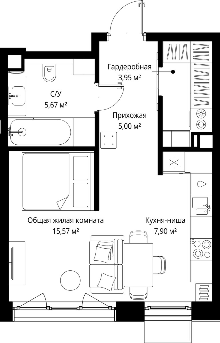 Планировка: 1-комнатная, 38.09 м²