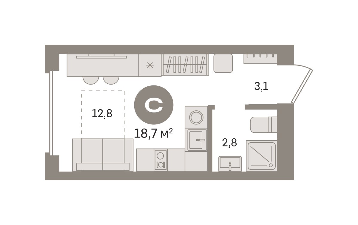 Планировка: Студия, 18.66 м²
