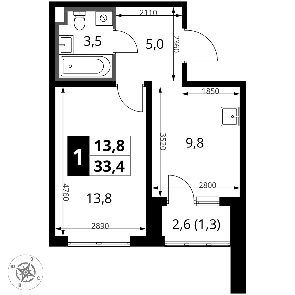 Планировка 33.4 м²
