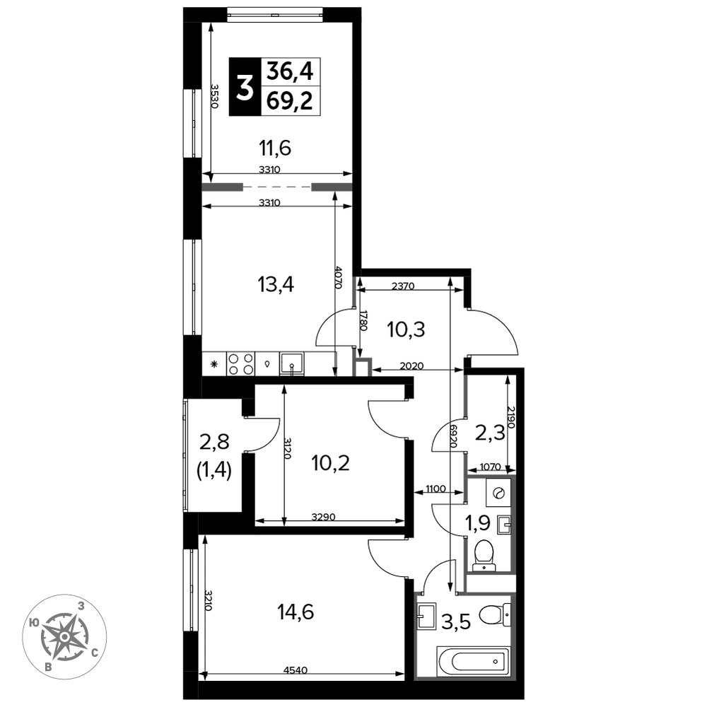 Планировка 70.3 м²