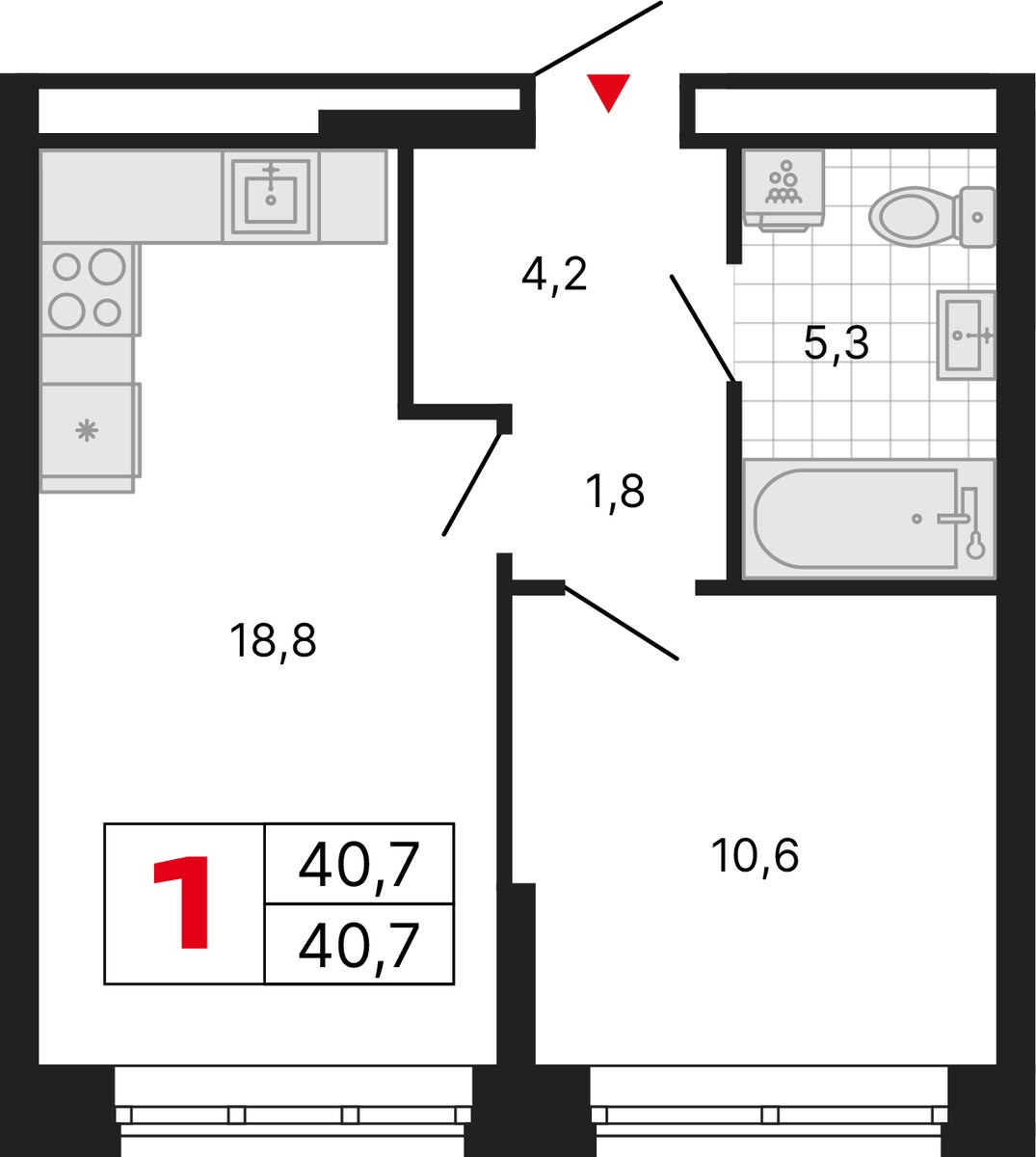 Планировка: 1-комнатная, 40.7 м²