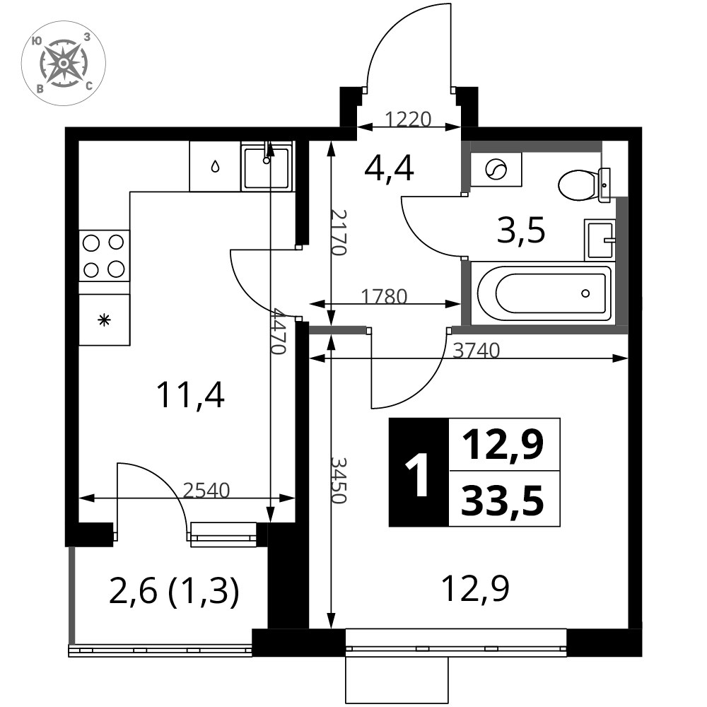 Планировка 33.5 м²