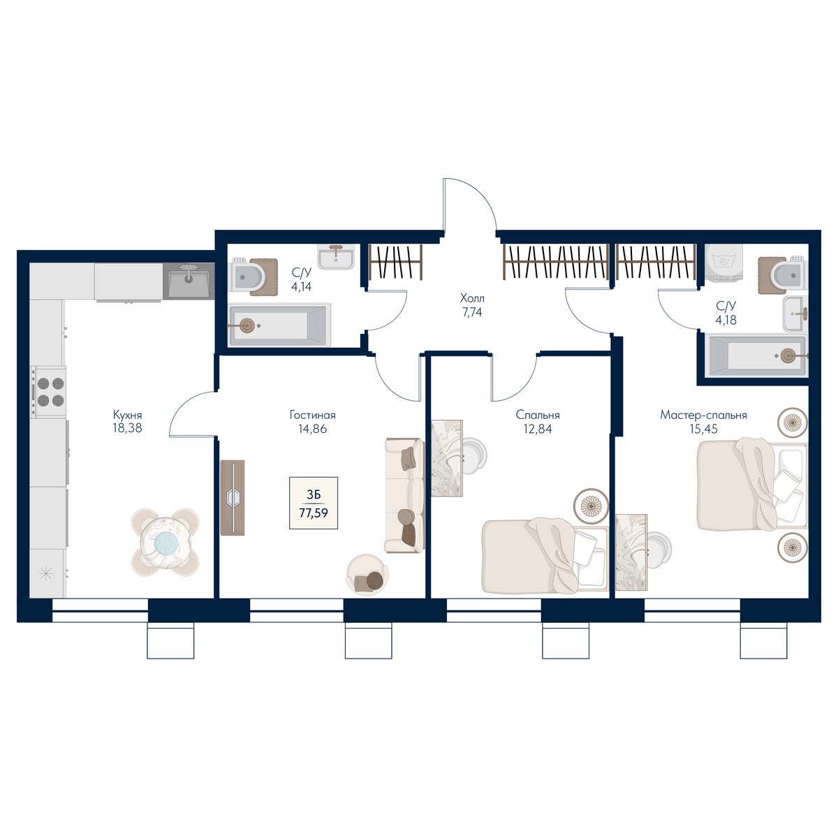 Планировка 77.59 м²