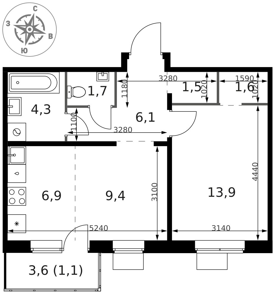 Планировка 46.5 м²