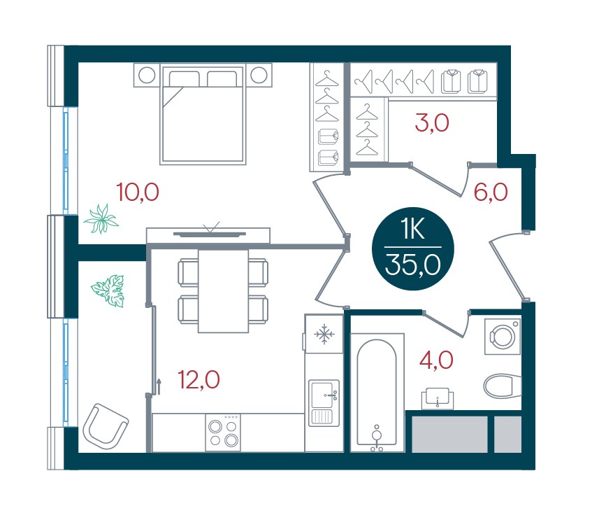 Планировка 35.0 м²