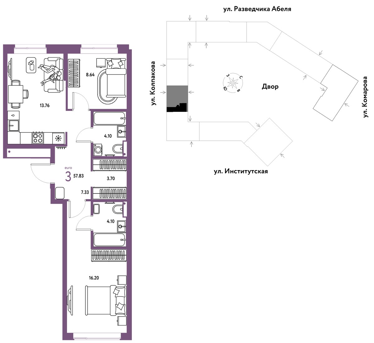 Планировка 57.83 м²